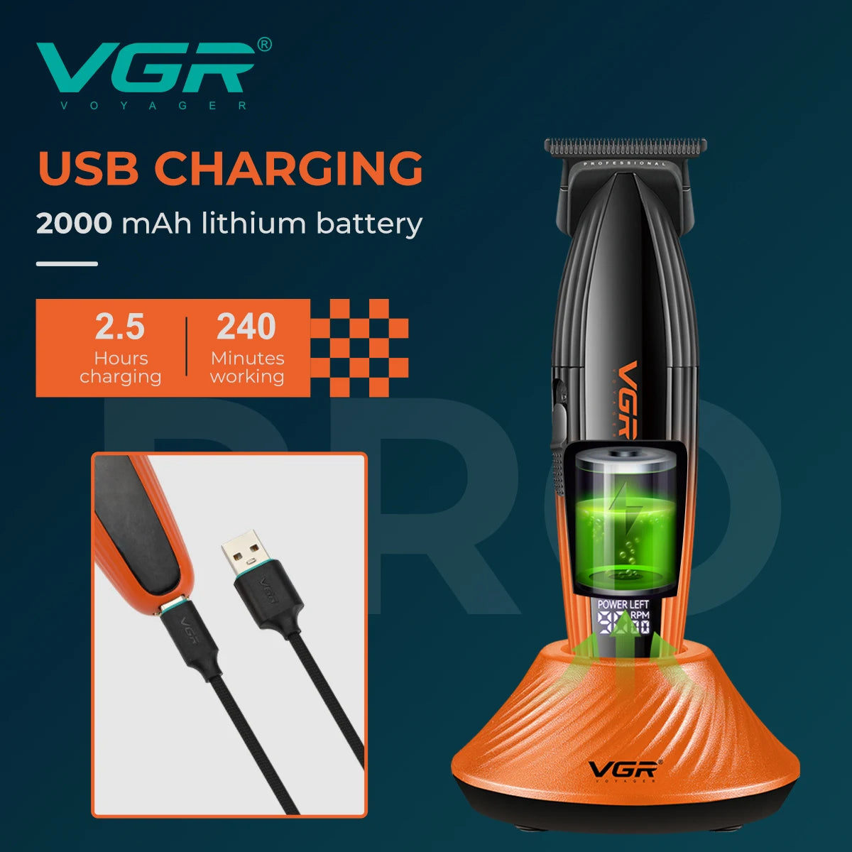 VGR high-end electric hair clipper 9000 RPM professional grade hair trimmer gradient color metal body carving push shear V-889T Peaceful Pleasures Health and Wellness