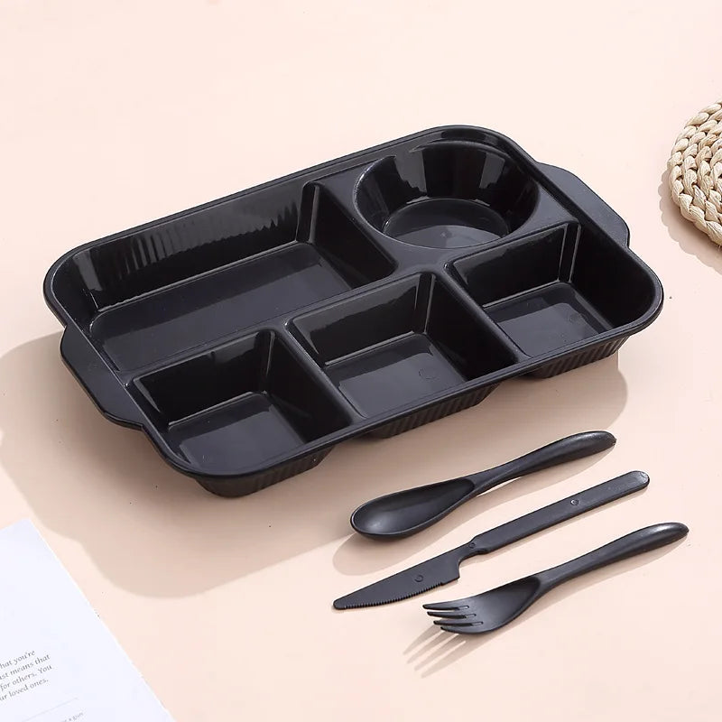 Portable 5 grids Meal Box Food Grade PP Rectangular Divided Lunchbox Separating Plates with knife fork spoon Dinnerware Set Peaceful Pleasures Health and Wellness black