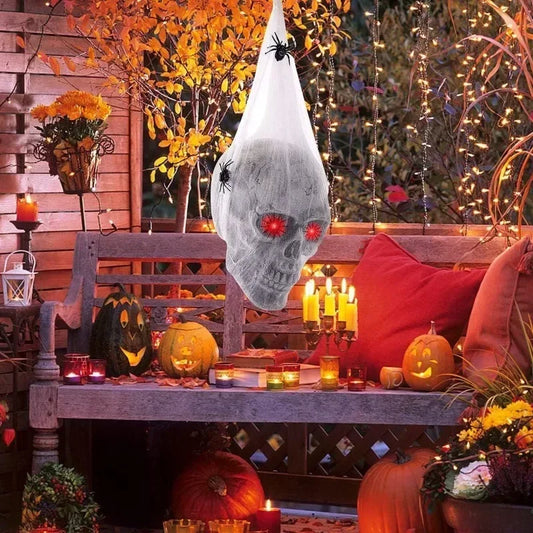 Halloween Sound Activated Glowing Spider Skull Prop Cotton Web Horror Peaceful Pleasures Health and Wellness