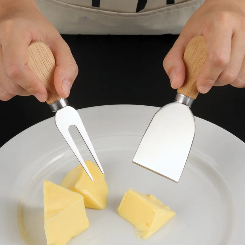 4 Piece Stainless Steel Cheese Knives Set Wood Handle Butter Cheese Cutter Jam Cream Spatula Pizza Knife Kitchen Utensils Set Peaceful Pleasures Health and Wellness