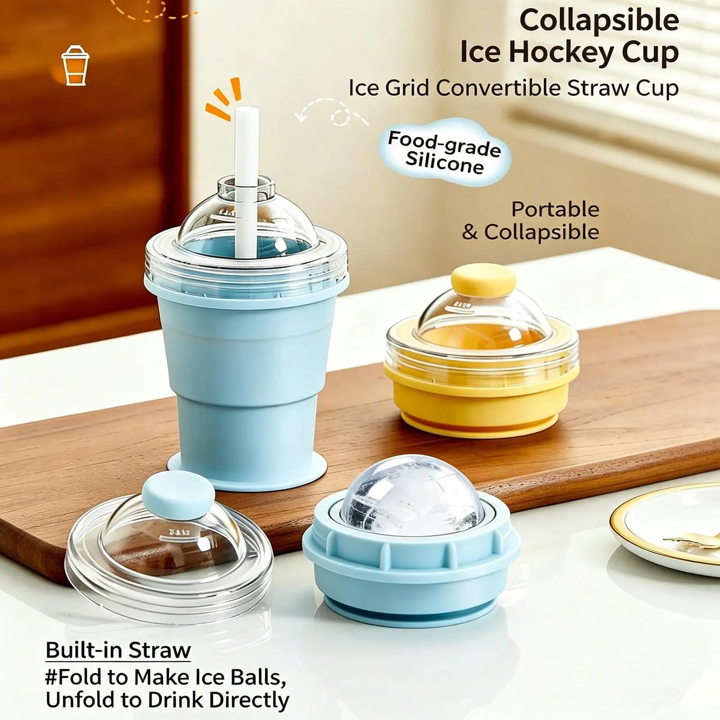 2-in-1 Foldable Silicone Ice Ball Cup & Sphere Mold with Straw
