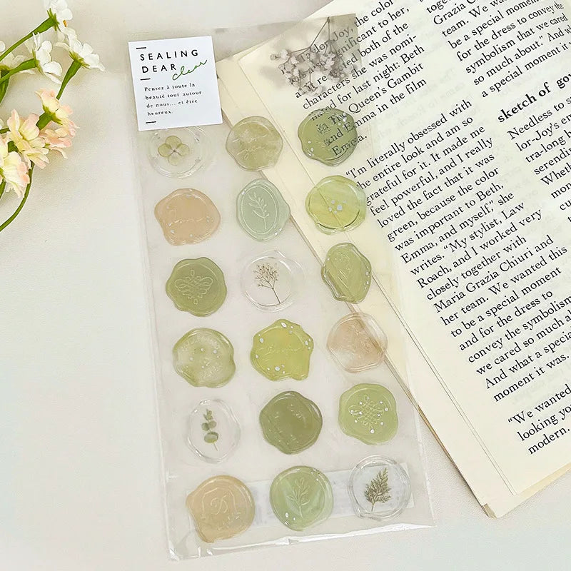 1 Sheet Ins Style DIY Imitation Fire Paint Seal Sticker Transparent Artistic and Beautiful Envelope Sealing Sticker Peaceful Pleasures Health and Wellness