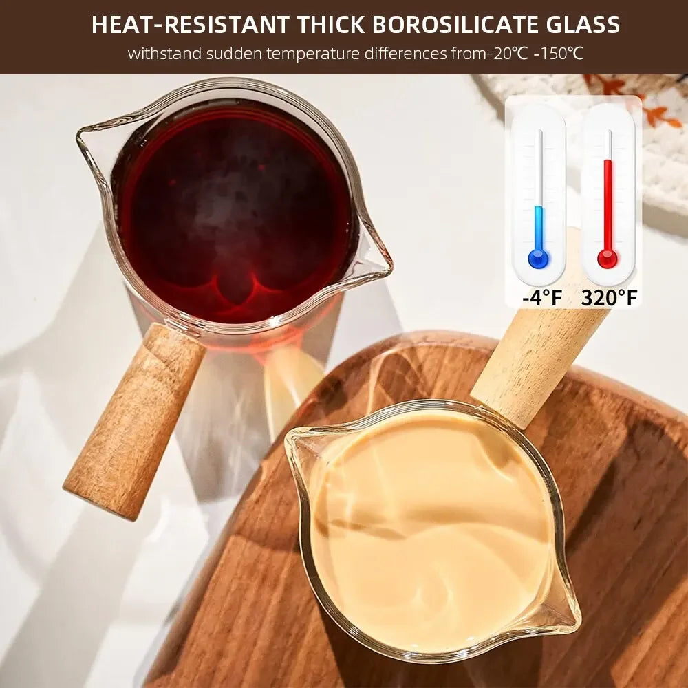 1pc Glass Measuring Cup Wood Handle Glass Espresso Measuring Cup Double Single Mouth Milk Coffee Clear Mug Coffee Supplies Peaceful Pleasures Health and Wellness