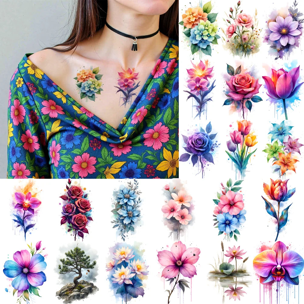 9-Pack Waterproof Temporary Tattoo Stickers – Flowers & Art