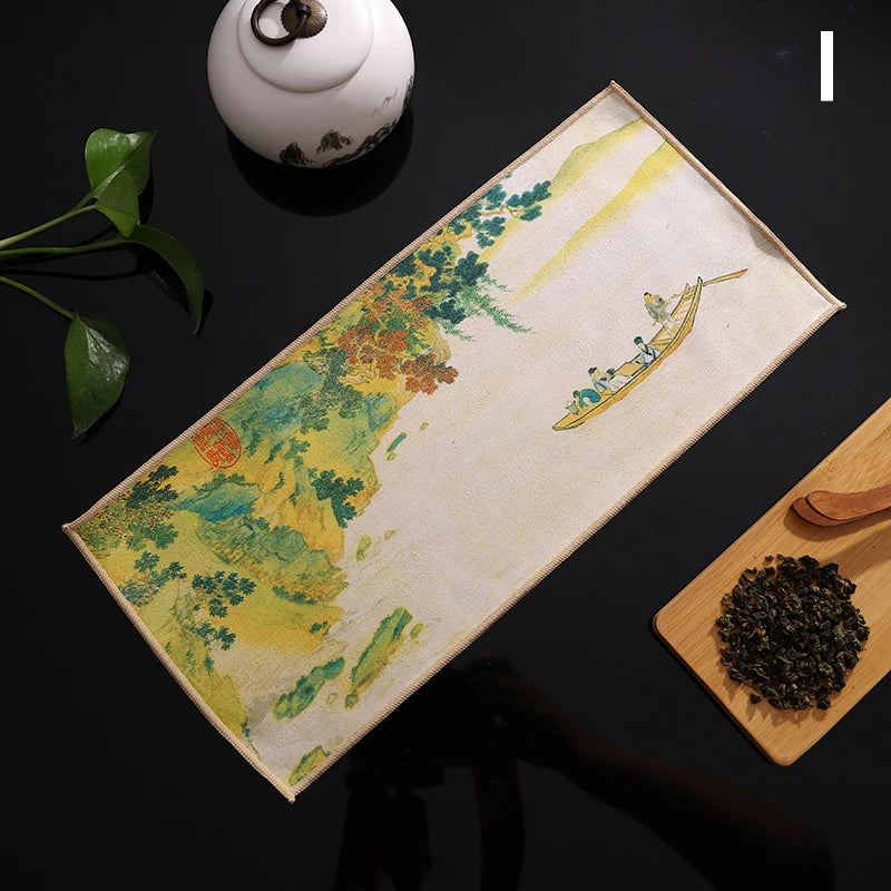 Chinese Painted Tea Towel | Super Absorbent Tea Set Cloth Tea Set Towel Peaceful Pleasures Health and Wellness I