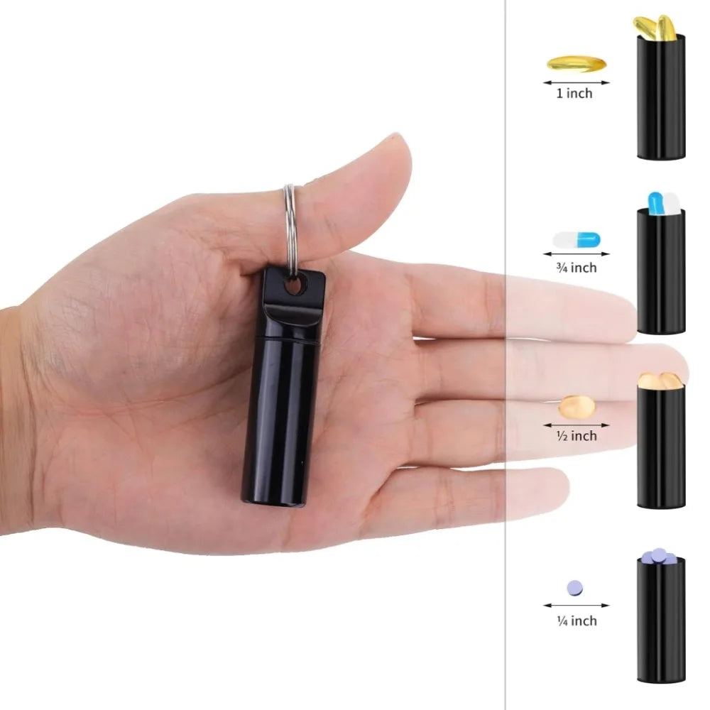 New Portable Waterproof Aluminium Metal Key Ring Pill Box Case Container Organizer Capsule Airtight Tablet for On The Go Storage Peaceful Pleasures Health and Wellness