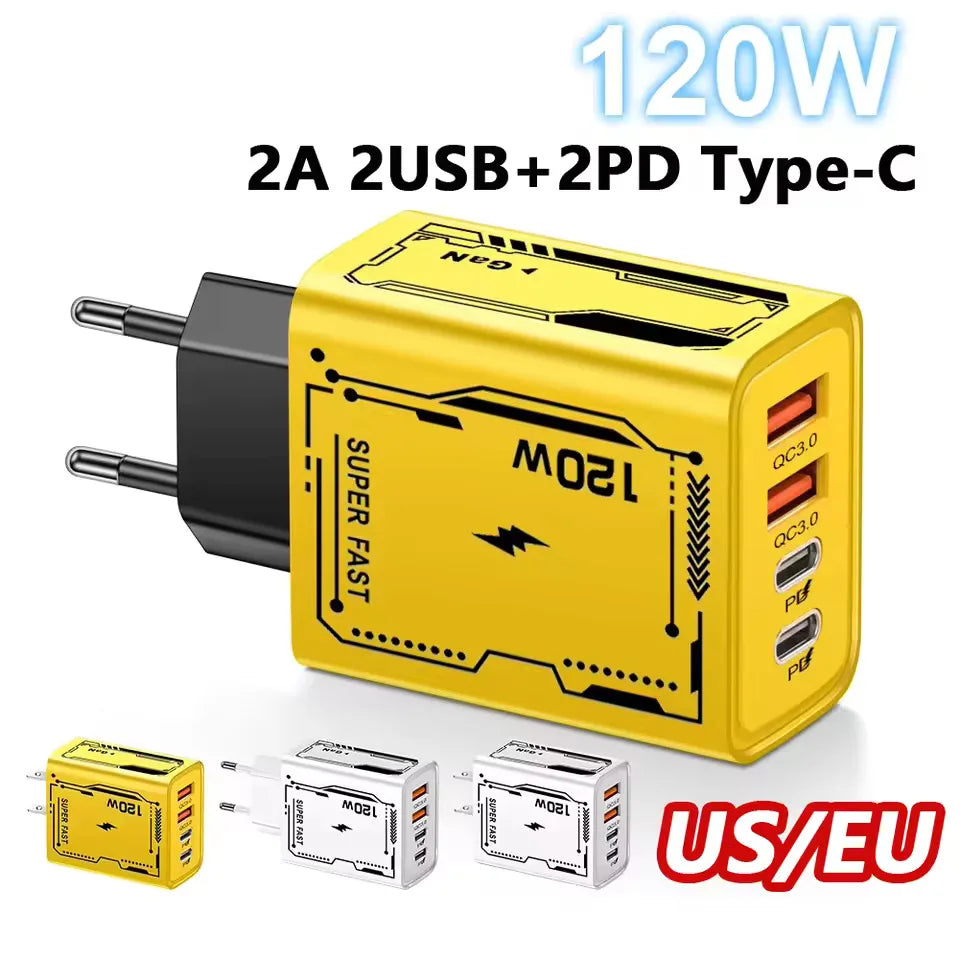 120W USB-C PD Fast Wall Charger 4-Port QC 3.0 – EU/US Plug