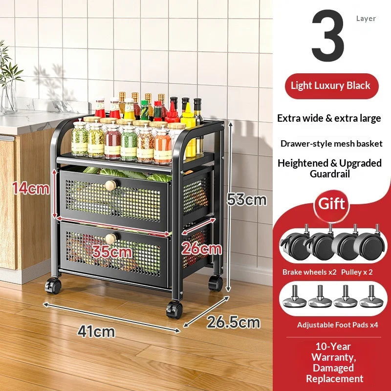 Space Saving Heavy Duty Multi Layer Rolling Fruit Vegetable Basket Storage Cart for Kitchen Floor Standing Organizer Peaceful Pleasures Health and Wellness Black 3 Layers