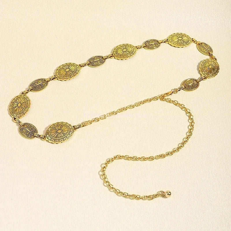 Retro Style Women's Metal Waist Chain - Decorative Circle Carved Chain Belt - High Style Accessories for Dresses & Jeans Peaceful Pleasures Health and Wellness