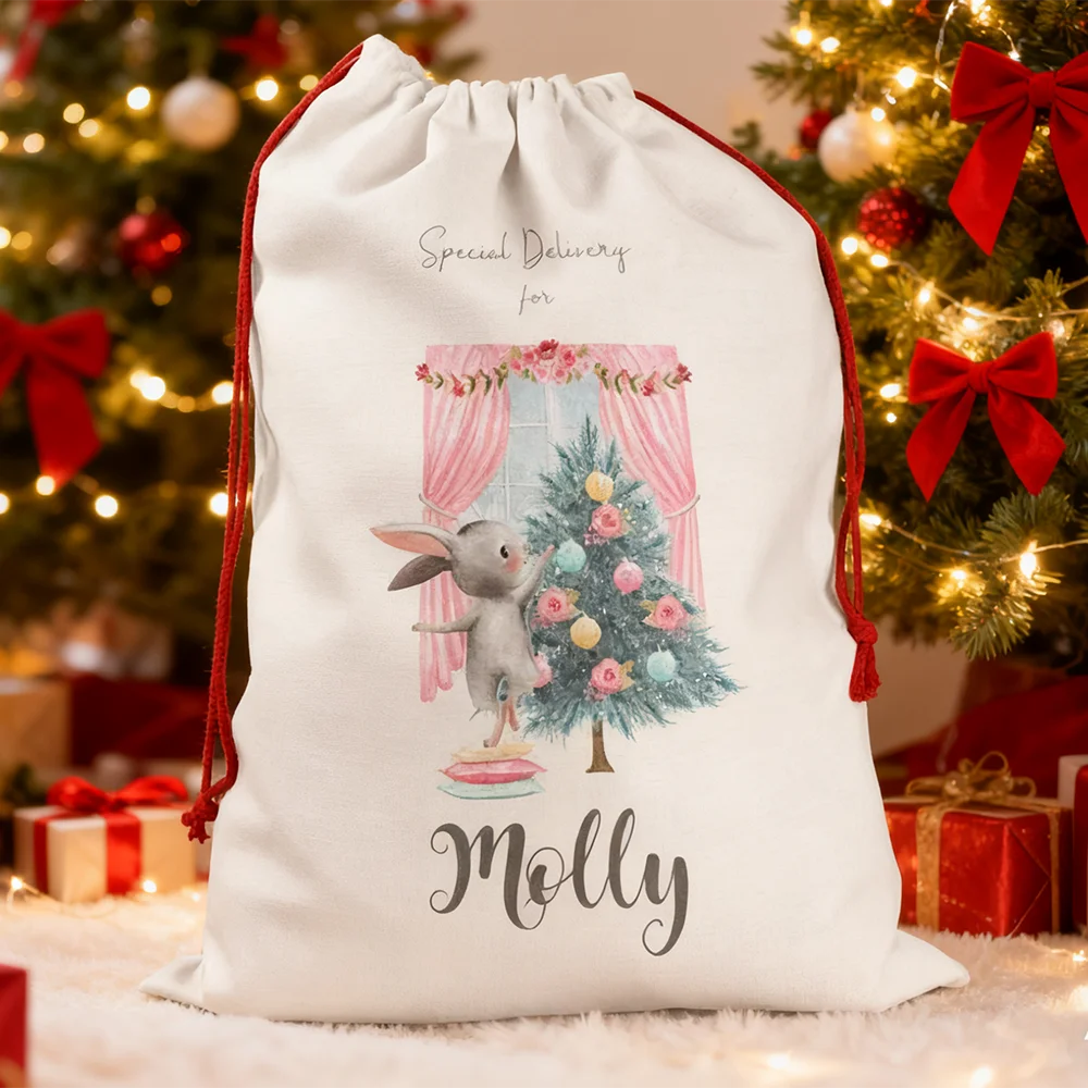 Personalized Pink Bunny Christmas Sack | Large Girl's Santa Bag Christmas Gift Sack Peaceful Pleasures Health and Wellness
