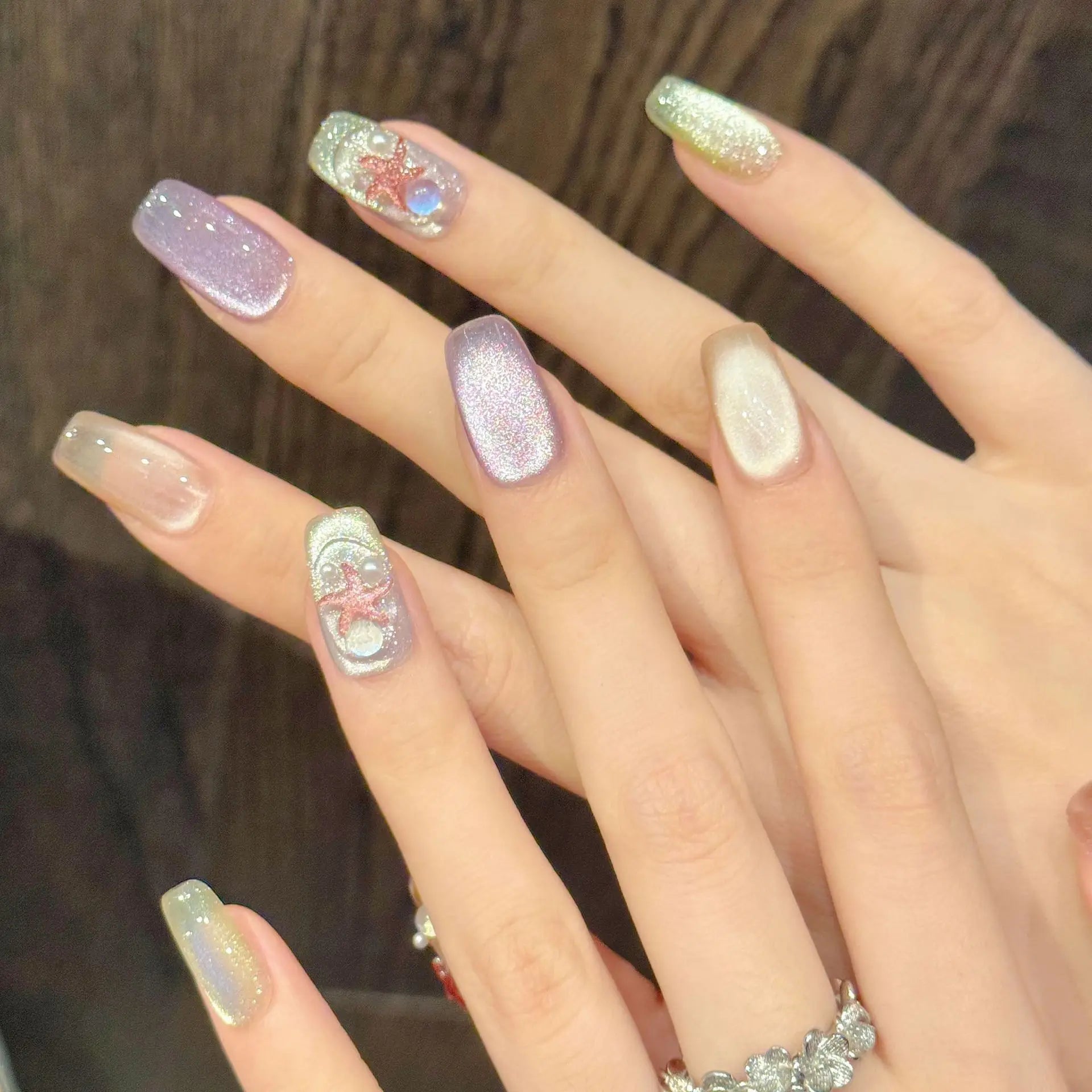 10pcs Handmade Press on Nails Shiny Cat Eye Fake Nail Tips with Starfish Wearable Full Cover Summer Ocean Beach False Nails Peaceful Pleasures Health and Wellness