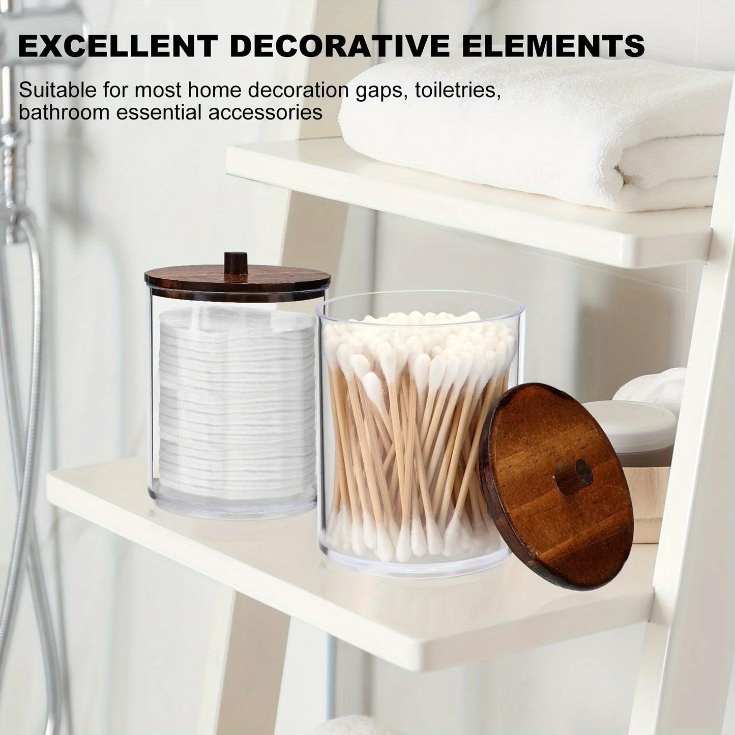 Qtip Holder Apothecary Jars with Wood Lids – 4 Pack Clear Plastic Vanity Organizer Storage Containers (10 oz)