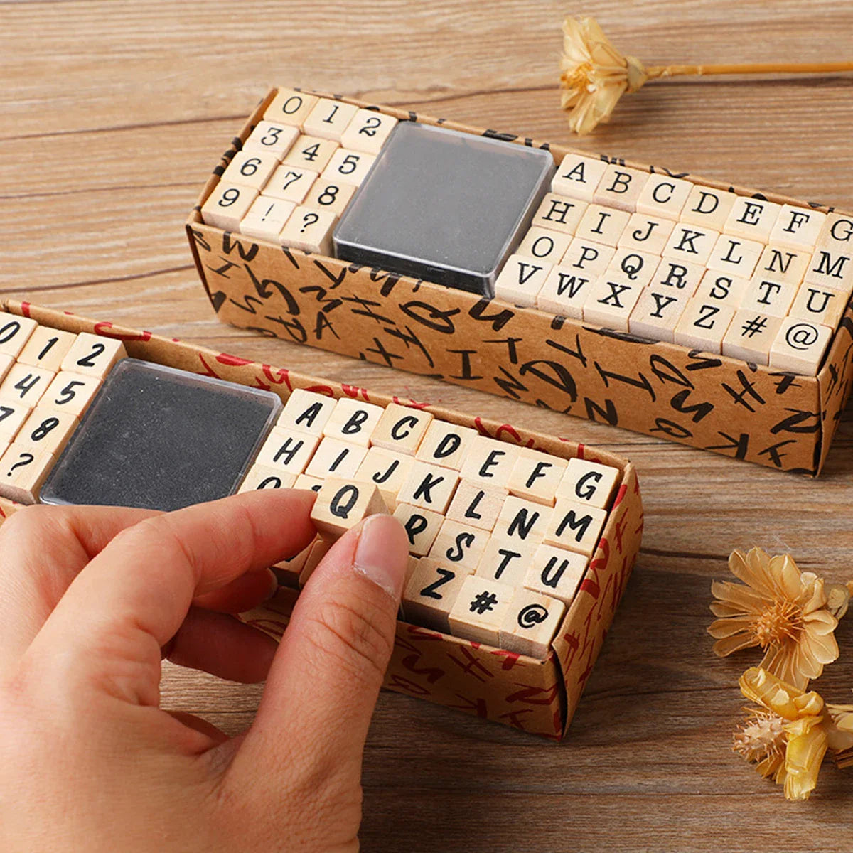 40-Piece Vintage Wooden Alphabet Rubber Stamp Set for Crafts