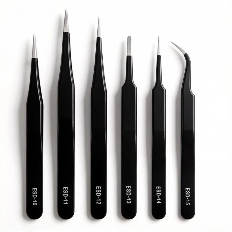 Anti-static ESD Tweezer Black Stainless Steel Straightflat Round Bent