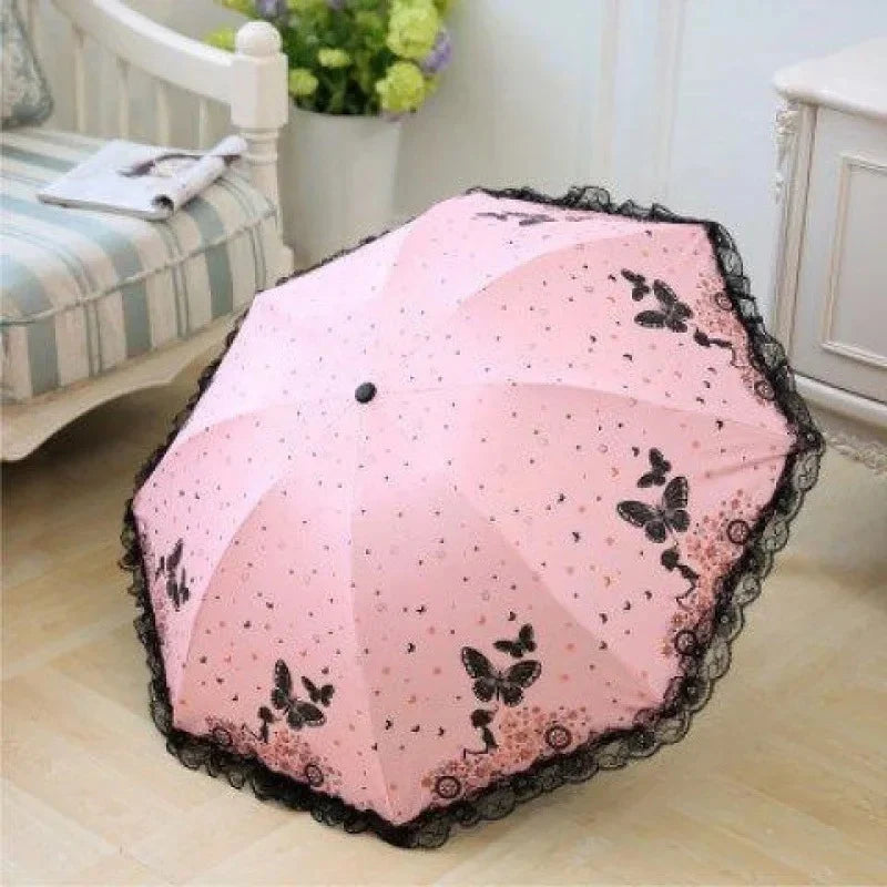 Butterfly Lace Triple Fold Windproof Sun & Rain Umbrella