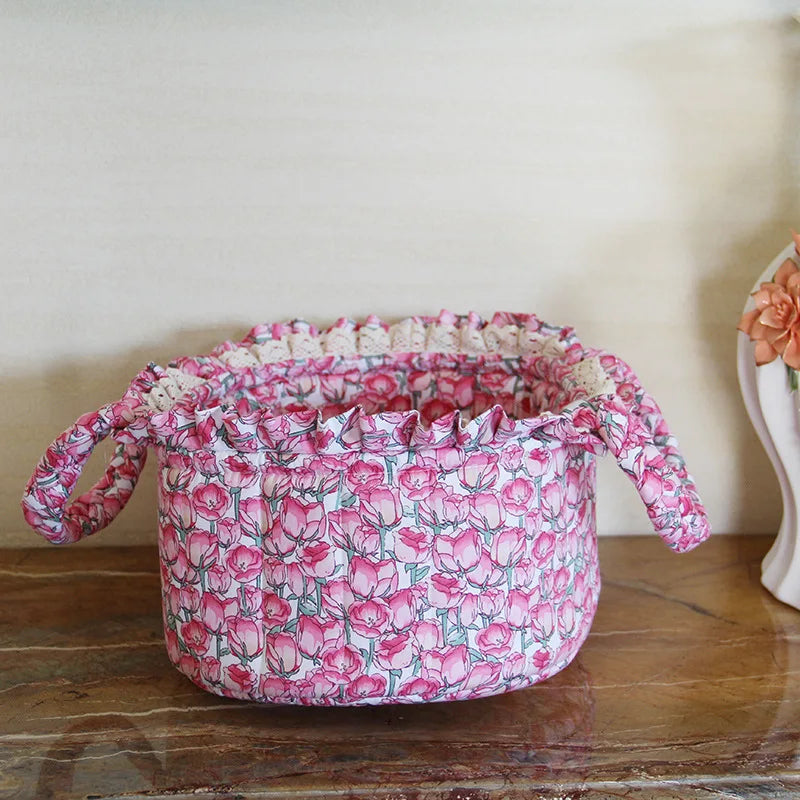 Korean Pastoral Fabric Storage Basket Sundries Toy Cosmetic Storage Box Cute Floral Underwear Organizer Furniture Decoration Peaceful Pleasures Health and Wellness D