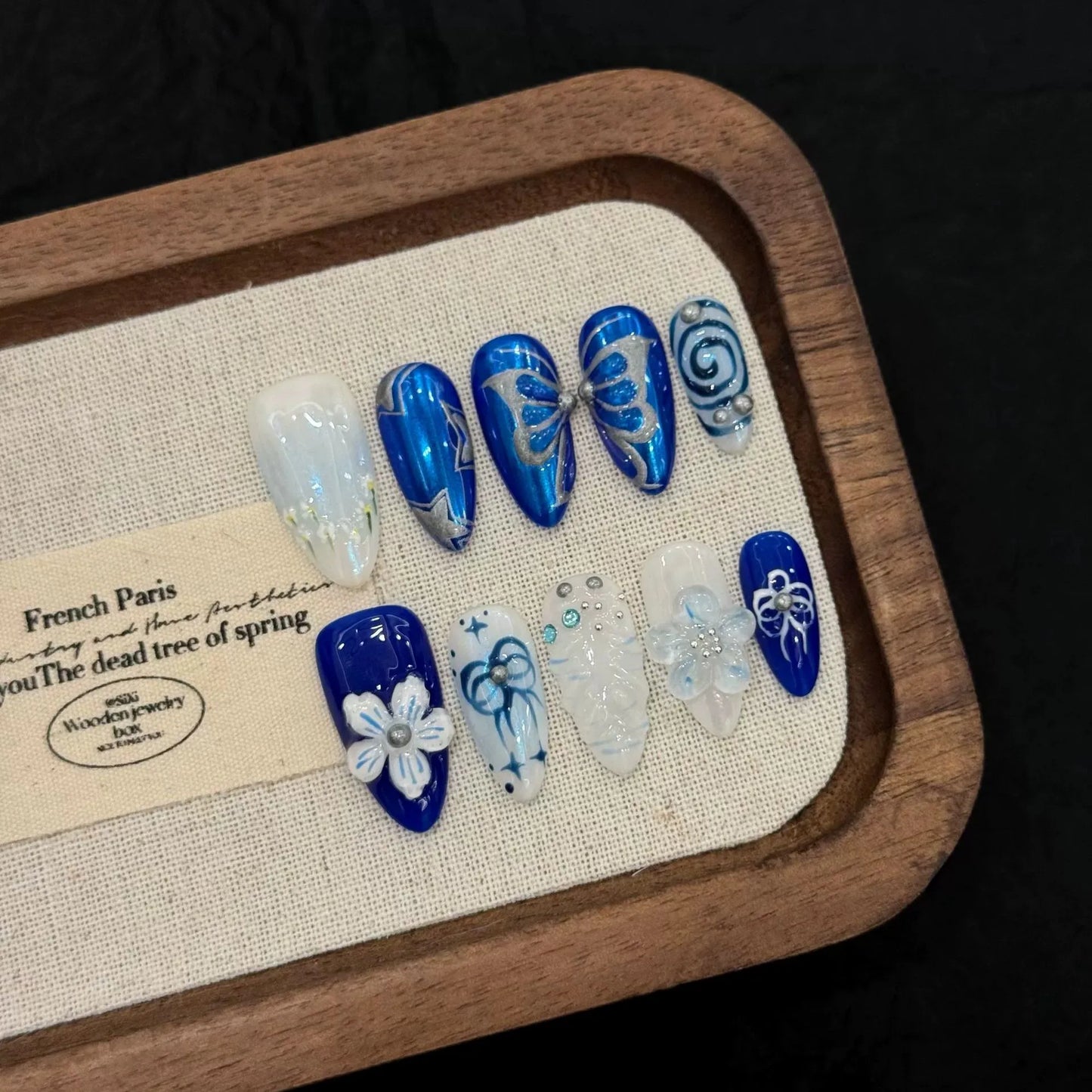 Handmade Press on Nails Blue Island Butterfly False Nails Wearable 3D Flower Decor Long Carved Almond Spice Girls Fake Nail Tips Peaceful Pleasures Health and Wellness XS