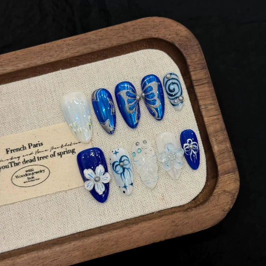 Handmade Press on Nails Blue Island Butterfly False Nails Wearable 3D Flower Decor Long Carved Almond Spice Girls Fake Nail Tips Peaceful Pleasures Health and Wellness XS