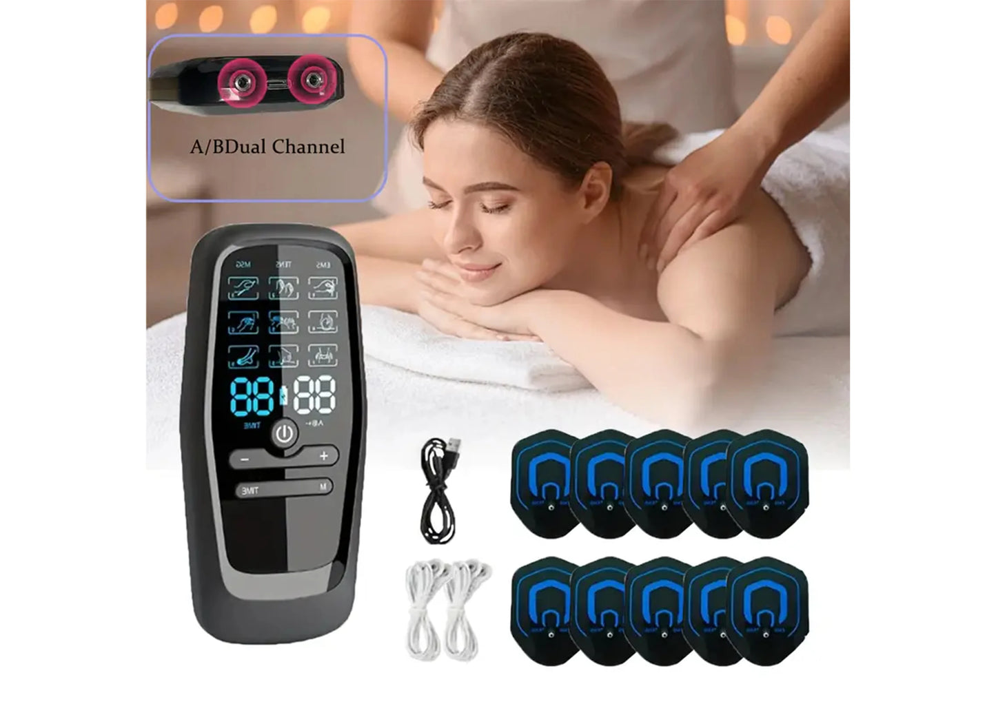 Professional Muscle Stimulator with 10 Electrode Pads - Dual-Channel Massager Suitable for Back, Muscle, Full Body Use for Gym Peaceful Pleasures Health and Wellness black