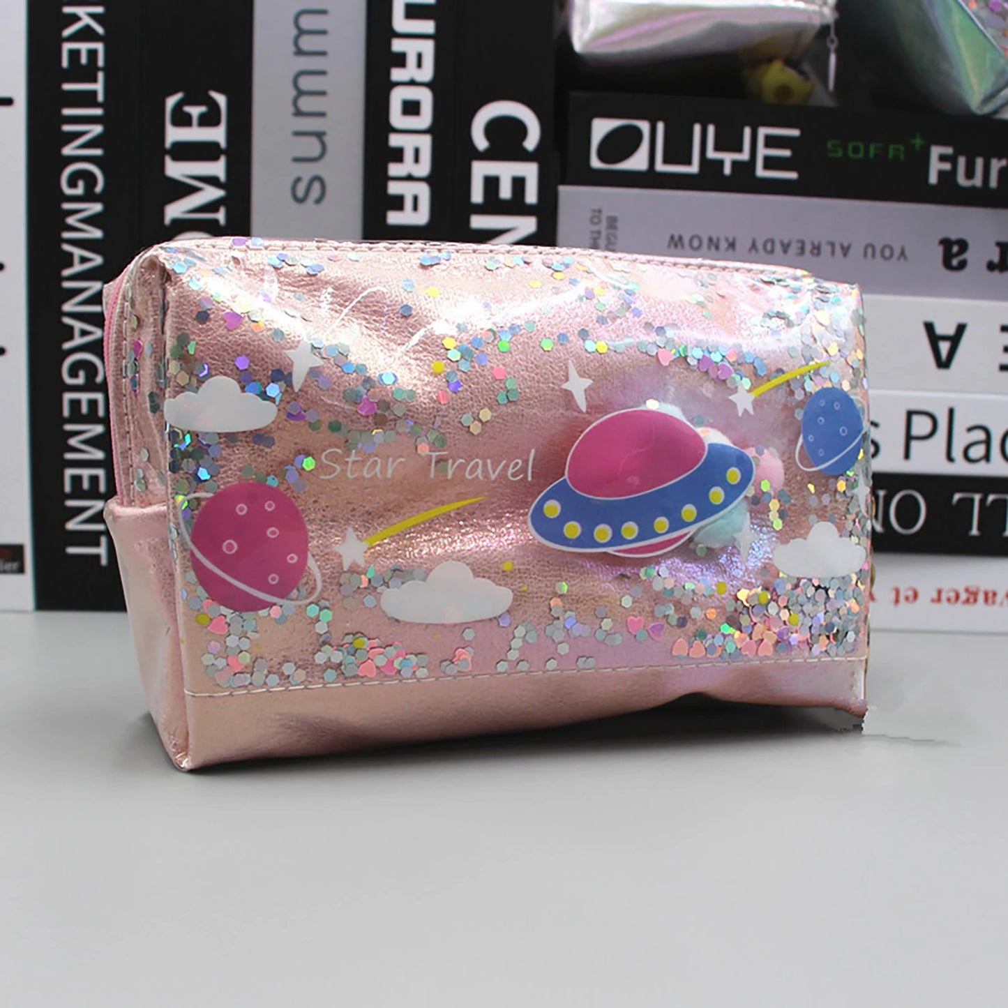 Large Capacity Planet Glitter Cosmetic Bag Cute Starry Makeup Pouch For Girls Student Pencil Case Travel Toiletry Bag Peaceful Pleasures Health and Wellness Pink