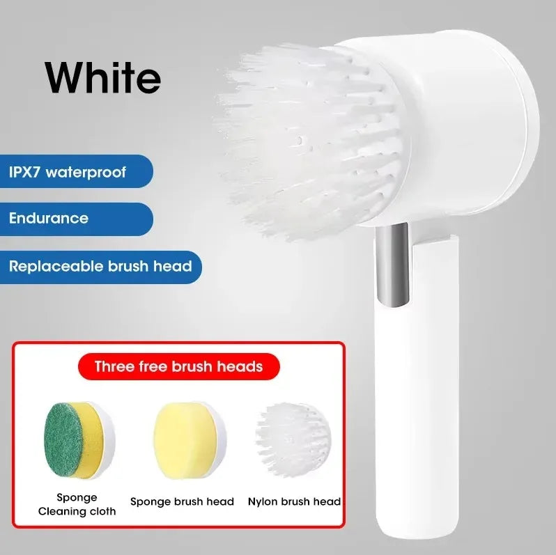 5-in-1 Electric Spin Scrubber Brush with 5 Heads for Bathroom Sink Bathtub Tile Shower Power Cleaning Peaceful Pleasures Health and Wellness E300 White