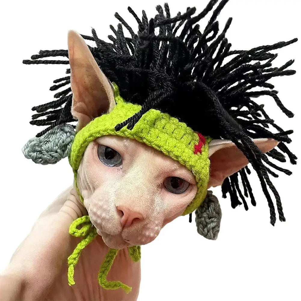 Funny Pet Hat Sphynx Devon Rex Cat Dog Headwear Punk Reggae Rock Style Cosplay Costume Decoration Accessory Peaceful Pleasures Health and Wellness M green