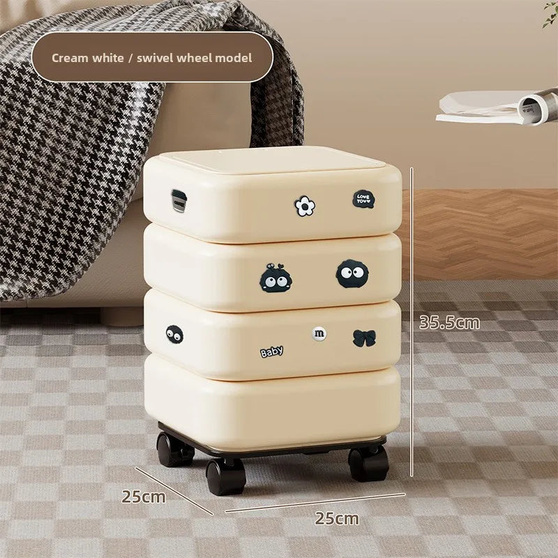 Cartoon Trash Bin with Lid Large Capacity Multi-Functional Mobile Wastebasket Modern Household Storage Organizer Wheels Peaceful Pleasures Health and Wellness White Wheel Stickers