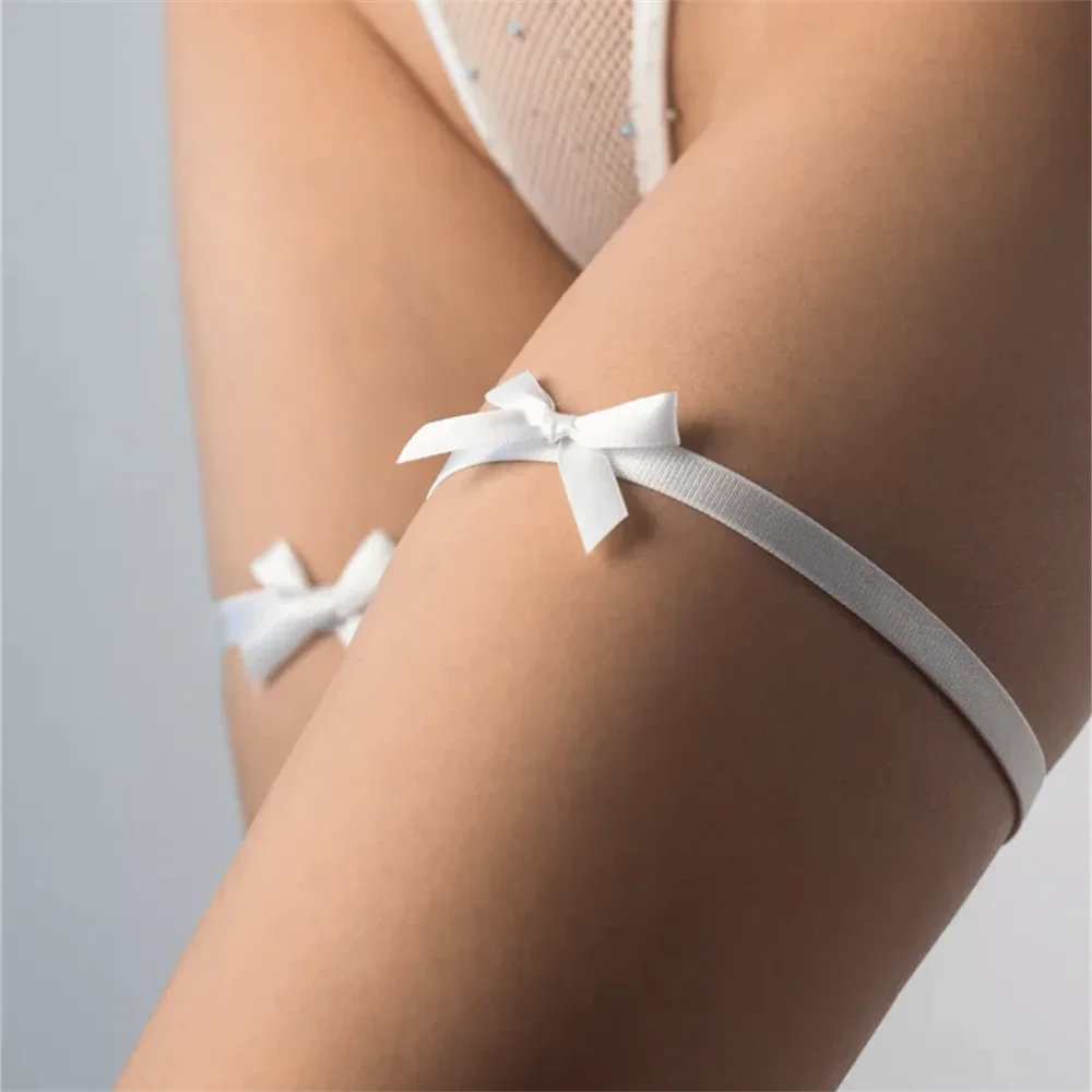 Women White Strappy Leg Garter Belt Elastic Dance Cosplay Rave Bow