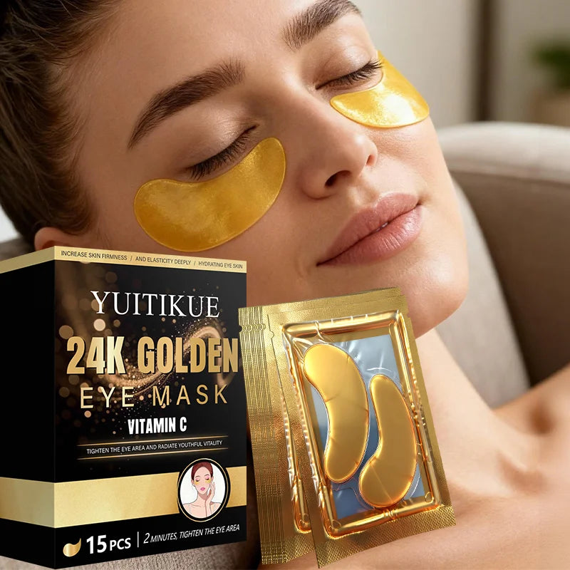 YUITIKUE 24K Golden Eye Mask | Vitamin C Infused | 2-Minute Eye Area Tightening & Hydrating Treatment | 15 Pcs Peaceful Pleasures Health and Wellness
