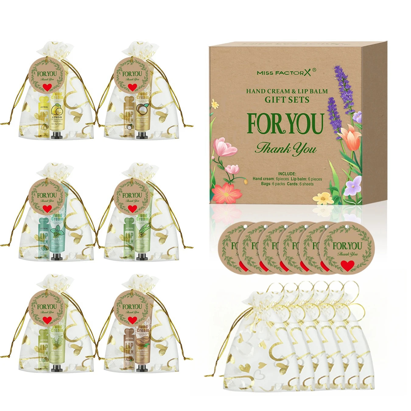 6 sets/box wedding companion gift set, hand cream set lip balm set, love thank you card and love gauze bag, party gift distribut Peaceful Pleasures Health and Wellness 6 sets gift set