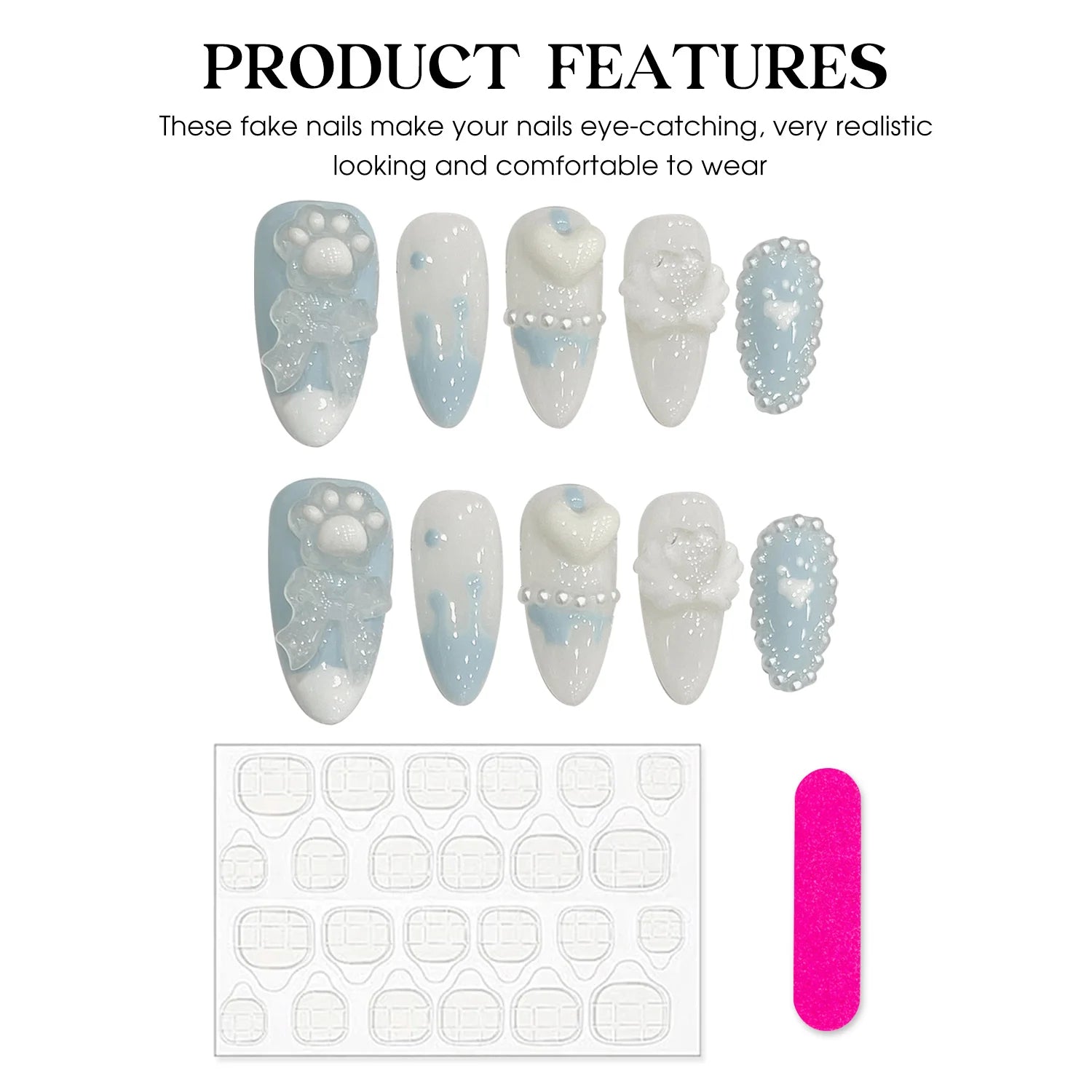 Handmade Press on Nails Light Blue Cute Bear Cat Claws Design Fake Nails French Pearls Love Decor Almond False Nail Tips Peaceful Pleasures Health and Wellness