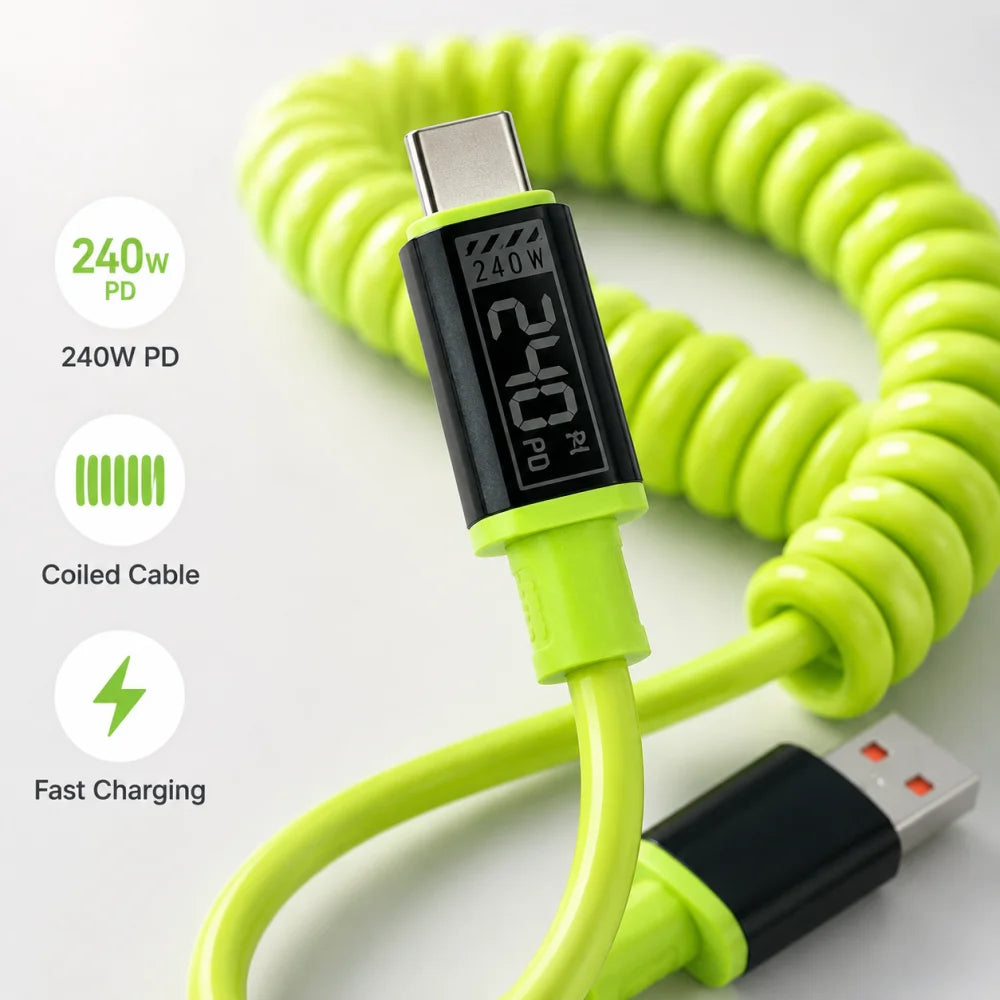 240W USB-C Spring Fast Charge Cable – iPhone Samsung Xiaomi