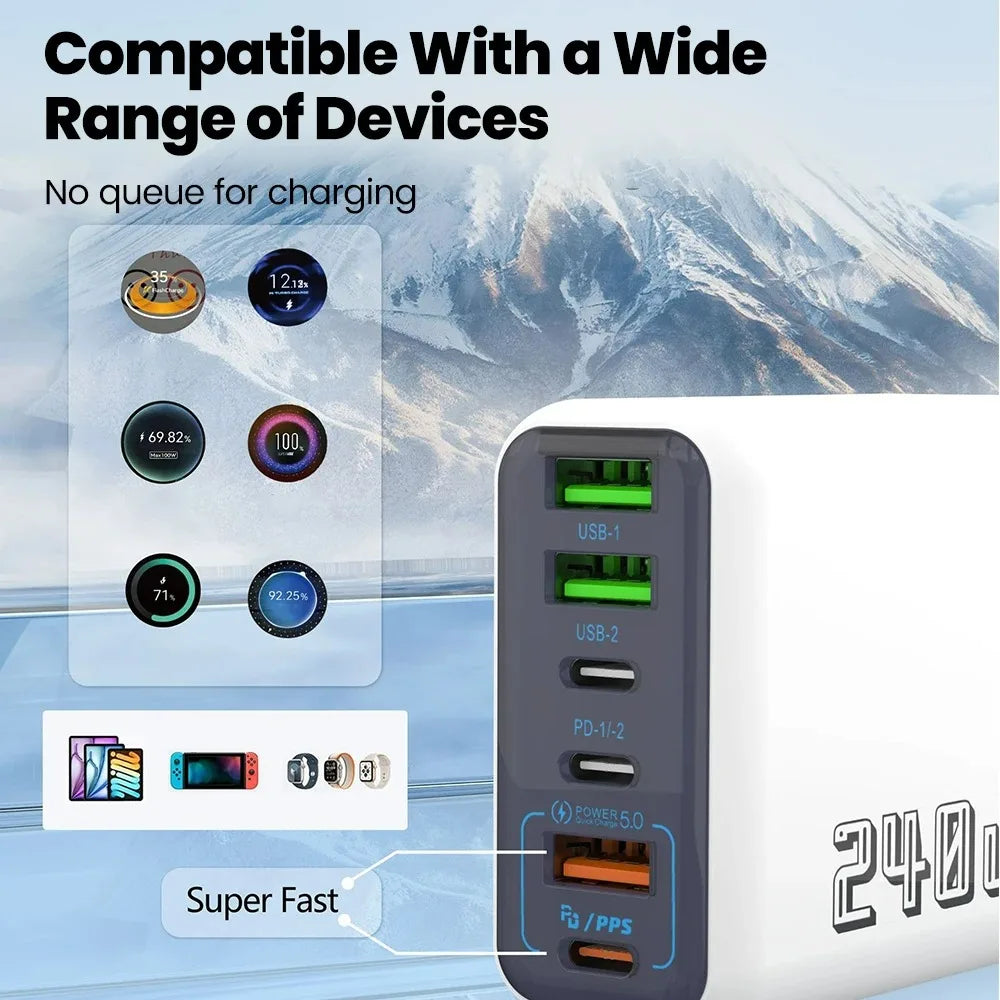 240W 6-in-1 USB-C Wall Charger | Quick Charge 3.0 Travel