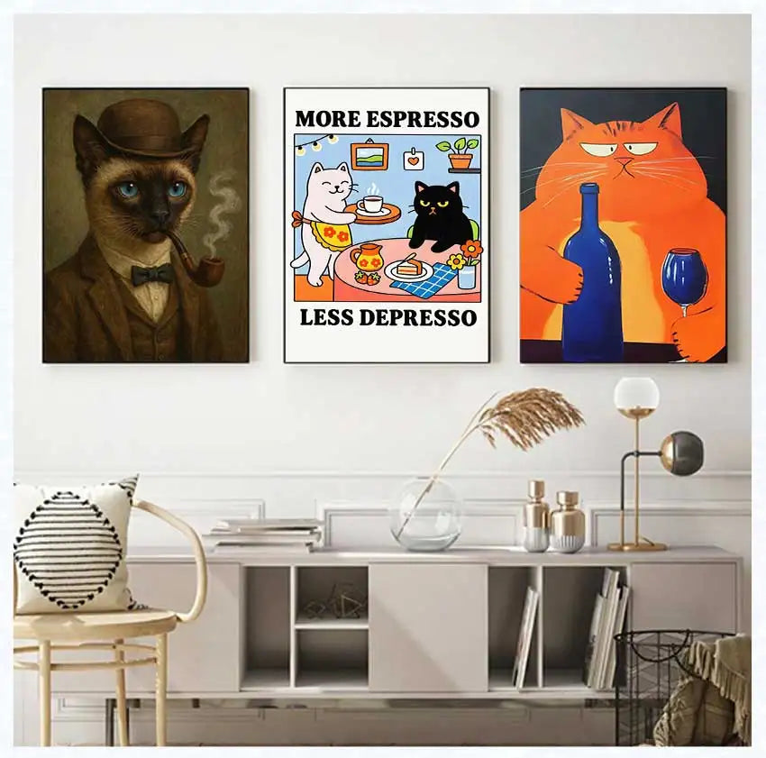 Cat with Cocktail Smoking Poster Canvas Painting Print Wall Art for Living Room Home Decor More Spaghetti, Less Upsetti Black Peaceful Pleasures Health and Wellness