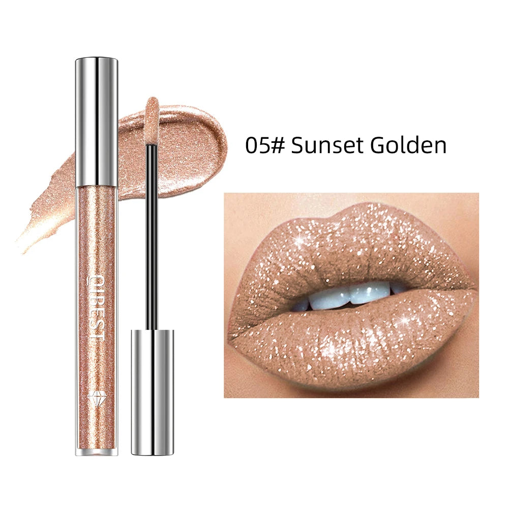 QIBEST Diamond Liquid Lipstick Lip Tint 6 Colors Moisturizing Long-Lasting Makeup Gray Sparkling Waterproof Lip Gloss Cosmetics Peaceful Pleasures Health and Wellness 05 Sunset Golden