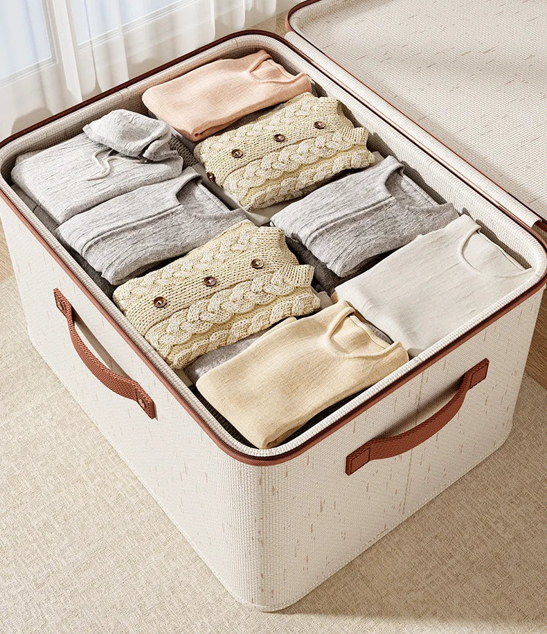 Large Hard Shell Cotton Linen Storage Box with Zippered Lid