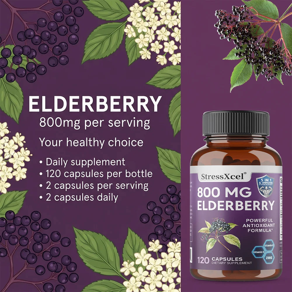 Elderberry 800mg Capsules – Immune Support with Vitamin C, D & Zinc