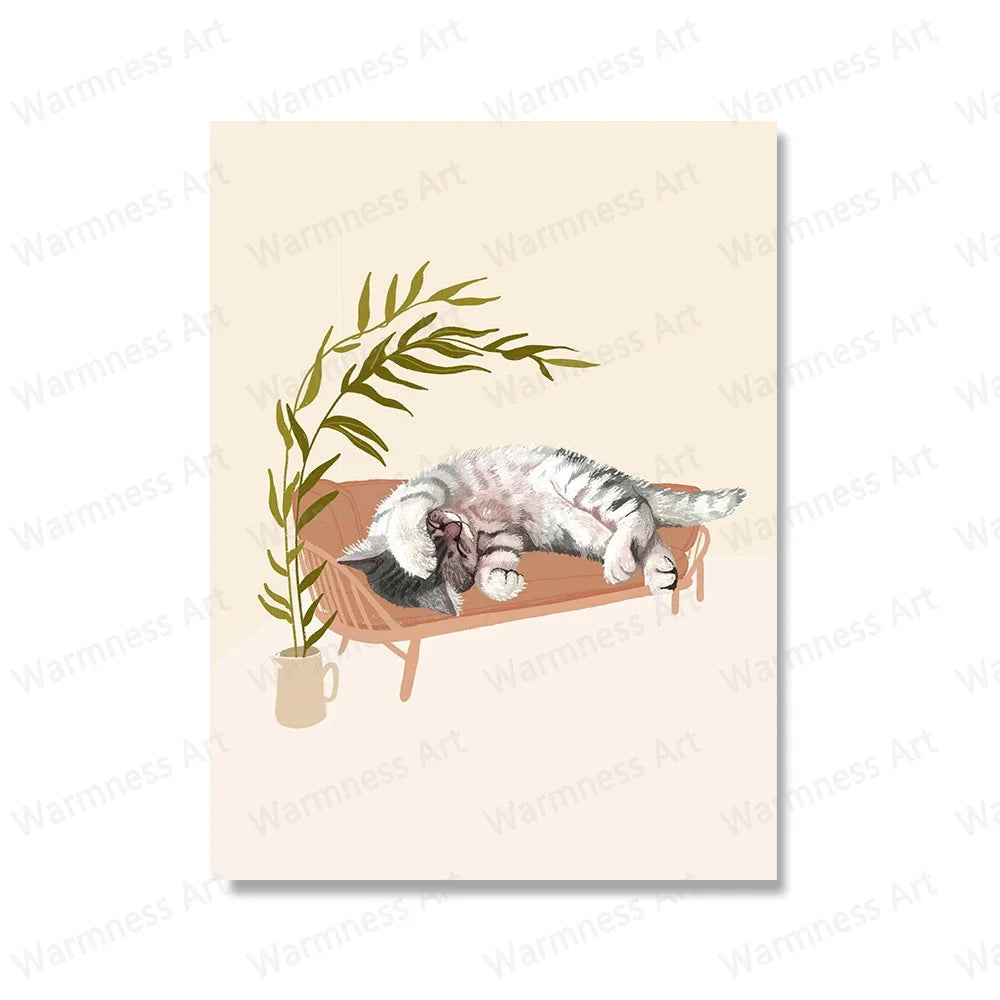 Retro Cat & Pizza Canvas Wall Art | Scandinavian Poster Print