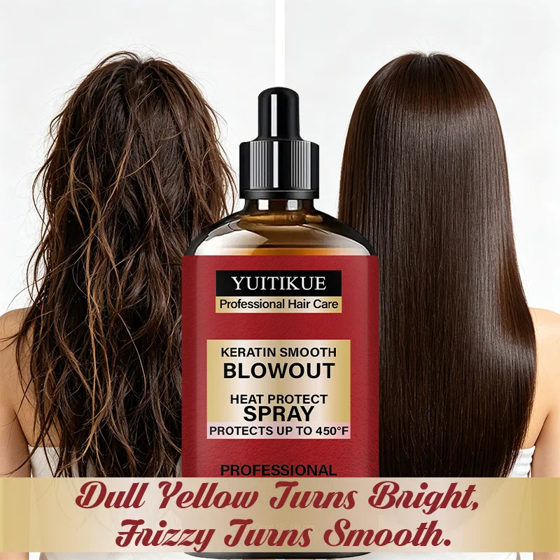YUITIKUE Keratin Smooth Blowout Heat Protect Spray 100ml Up to 450°F Frizz Control Detangling Hair Care Peaceful Pleasures Health and Wellness