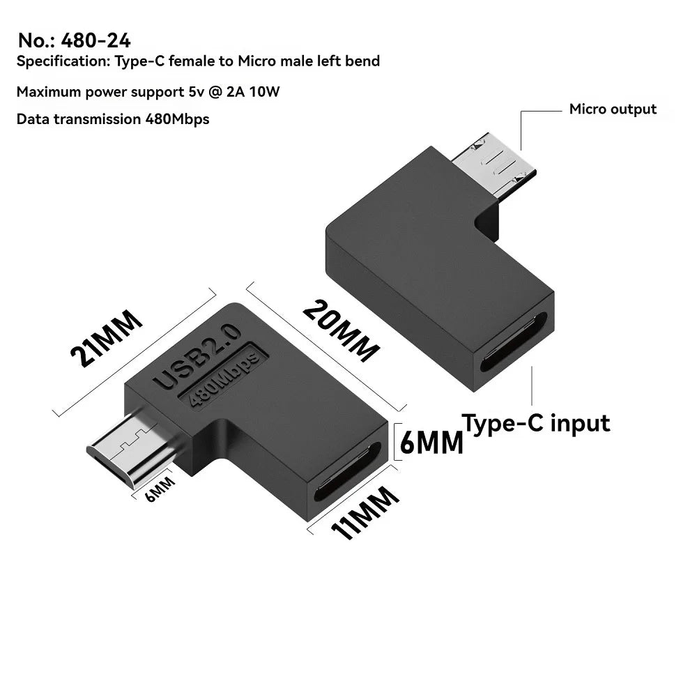 90° USB-C to Micro USB Adapter | 10W Fast Charging, 480Mbps Peaceful Pleasures Health and Wellness Left Bend