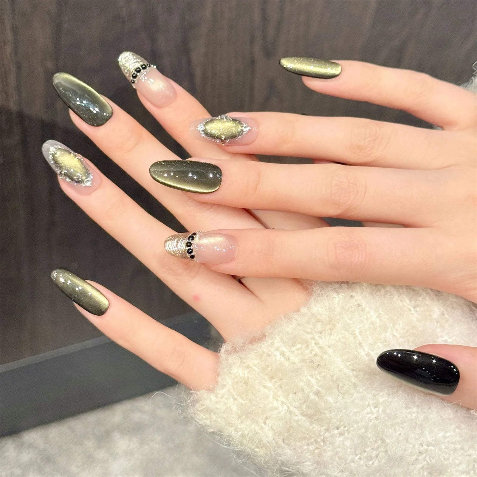 10Pcs Handmade Dark Green Cat's Eye Press on Nails Almond Advanced Fake Nails with Designs for Women Wearable Ballet Nail Art Peaceful Pleasures Health and Wellness