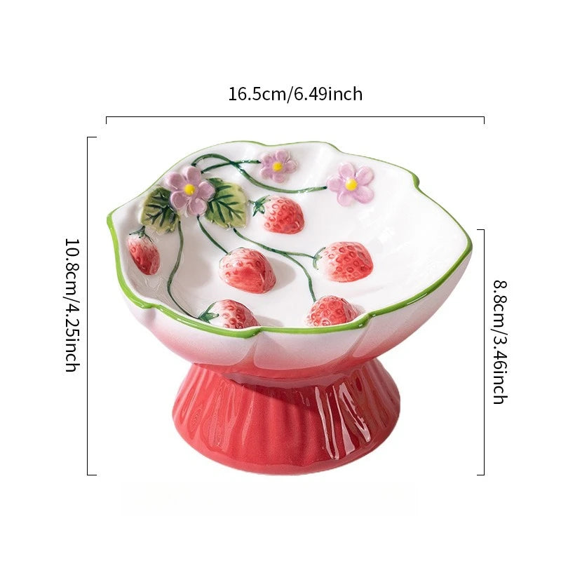 Ceramic Strawberry Slow Feeder Cat Bowl | Elevated Anti-Tip