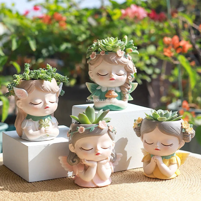 Girl Head Planter Cartoon Girl Statue Figurine Resin Creative Flowerpot for Living Room Indoor Outdoor Garden Tabletop Gifts Peaceful Pleasures Health and Wellness