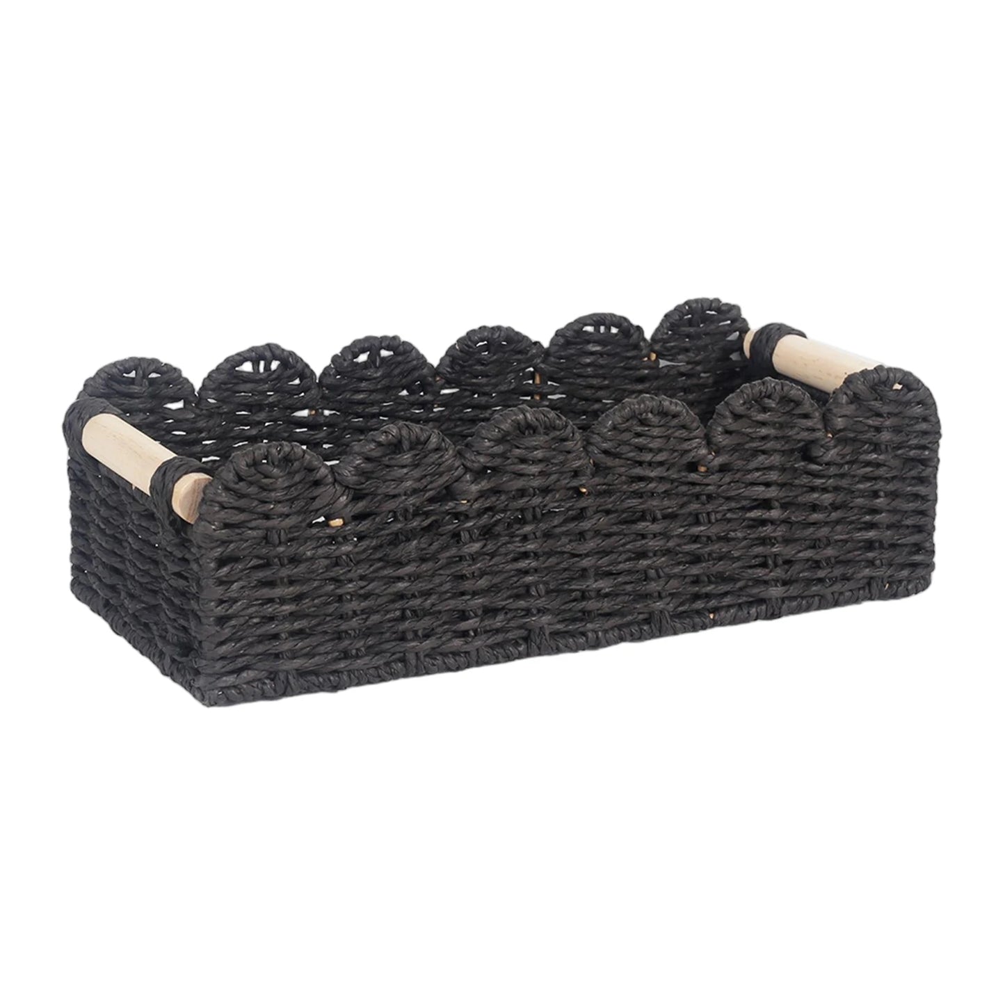 Scalloped Paper Rope Woven Basket with Wooden Handles
