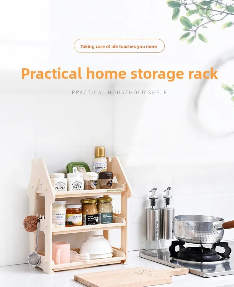 Small House Style 2/3 Layer Kitchen Spice Rack Organizer Plastic Condiment Bottle Shelf for Counter/Bathroom/Desktop Peaceful Pleasures Health and Wellness