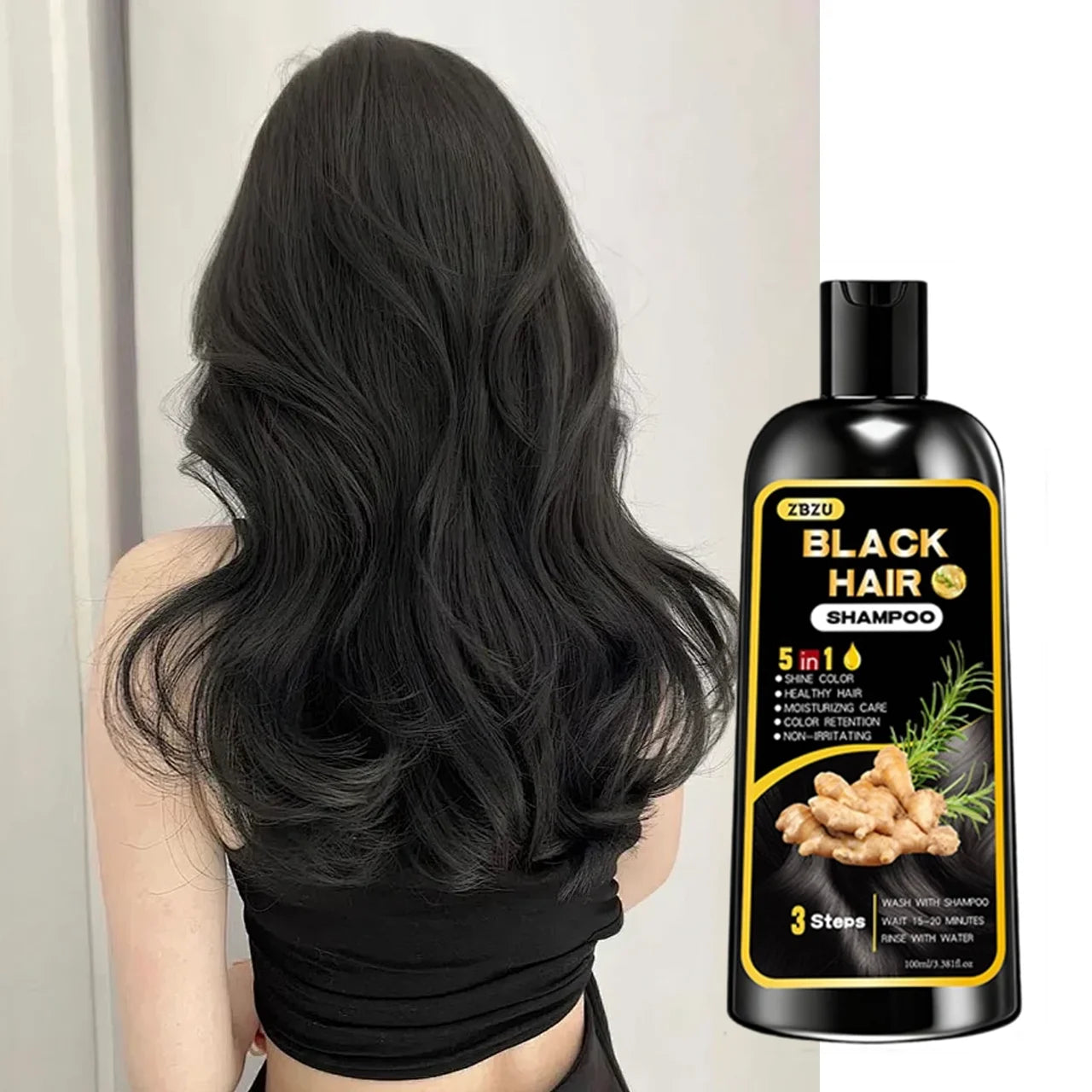 5-in-1 Ginger & Biotin Hair Dye Shampoo | Long-Lasting Gray Coverage, Strengthening & Nourishing Formula Peaceful Pleasures Health and Wellness black