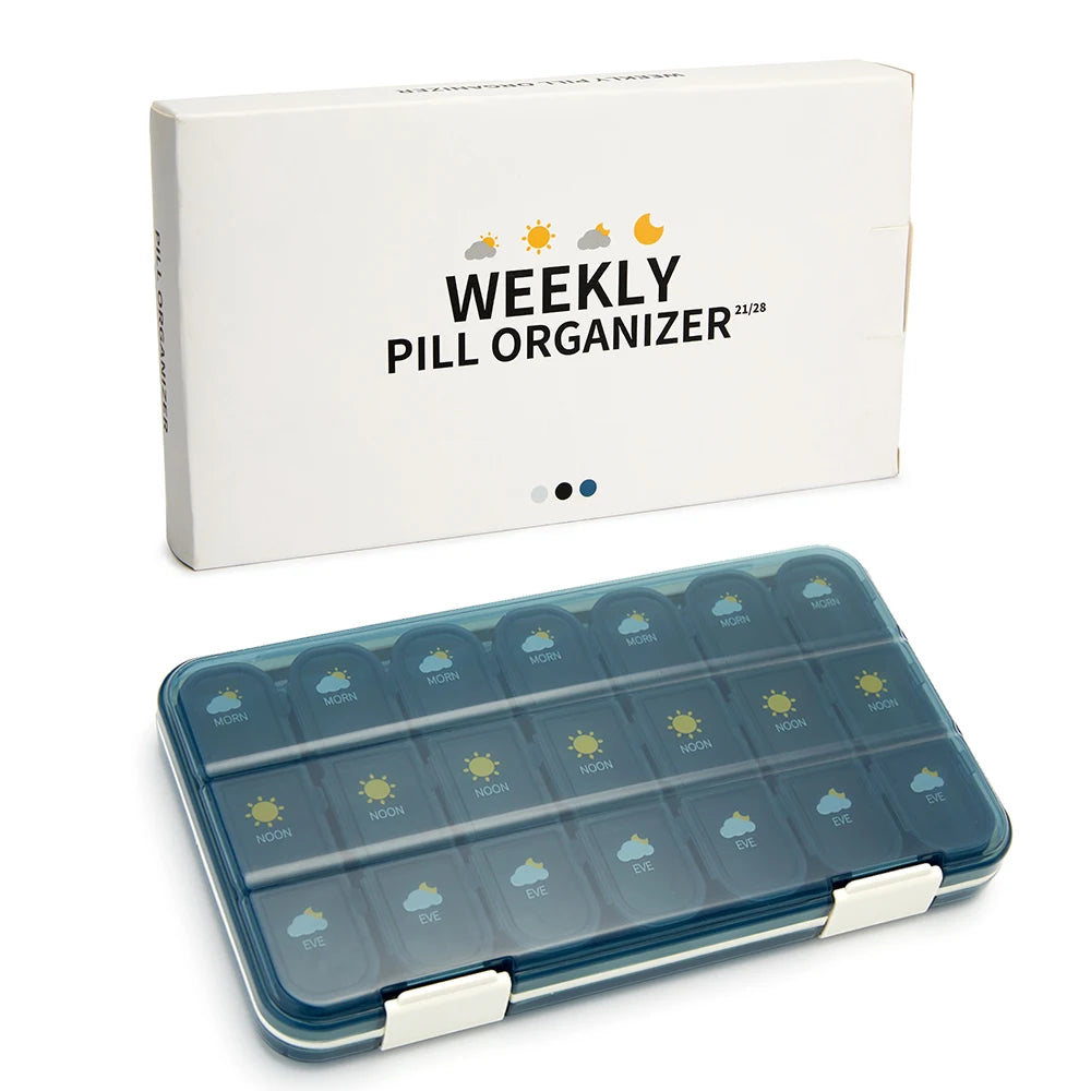 21/28Grid Pill Box Large Capacity Pill Box Pill Medicine Storage Pill Box Weekly Vitamin Organizer Pastillero Moisture Resistant Peaceful Pleasures Health and Wellness 21 grids-blue