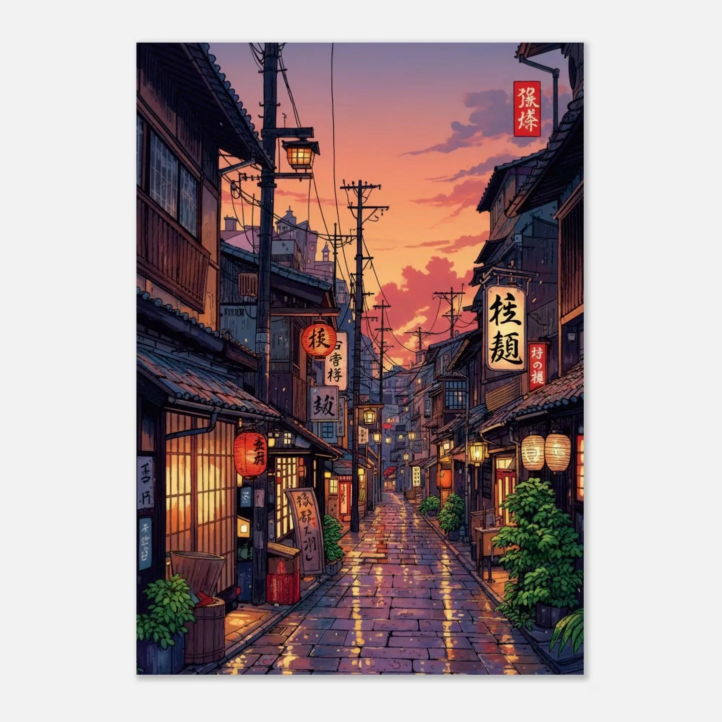 Anime Ramen Shop Gourmet Illustration Canvas Print City Street Scene Wall Poster for Modern Living Room Kitchen Home Decor Gifts Peaceful Pleasures Health and Wellness CT1241-7 50x70cm Unframed