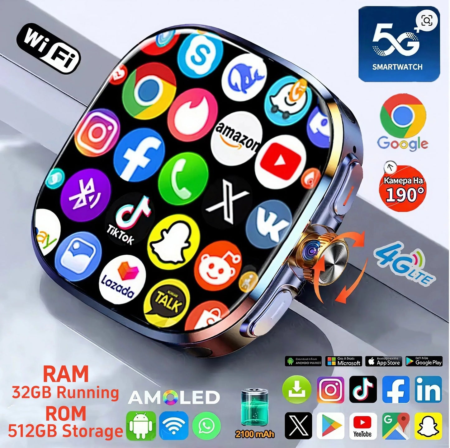 Zestbolt 4G Android 10 Smartwatch 2.4" AMOLED GPS 32GB+512GB