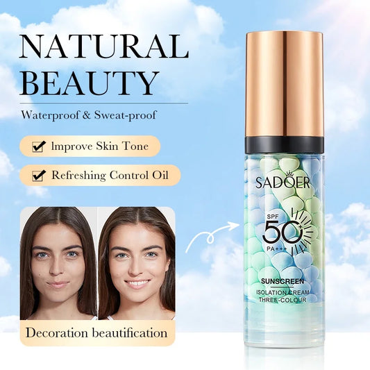 SADOER Three-Color Makeup Primer Cream Brighten Skin Tone and Moisturize Foundation Base Sunscreen SPF 50PA+++ Peaceful Pleasures Health and Wellness Default Title
